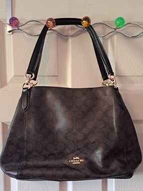 Coach Dark Brown/Black Signature Shoulder Bag with Gold Hardware